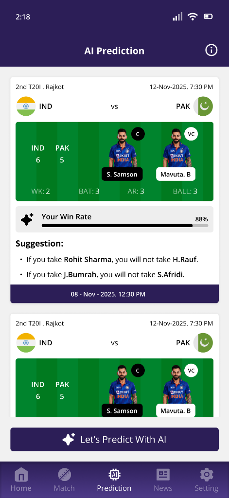 MyPredict11 team builder interface for fantasy cricket lineups