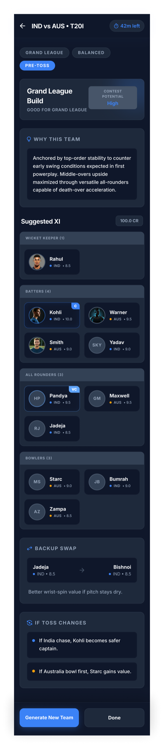 MyPredict11 team builder screen