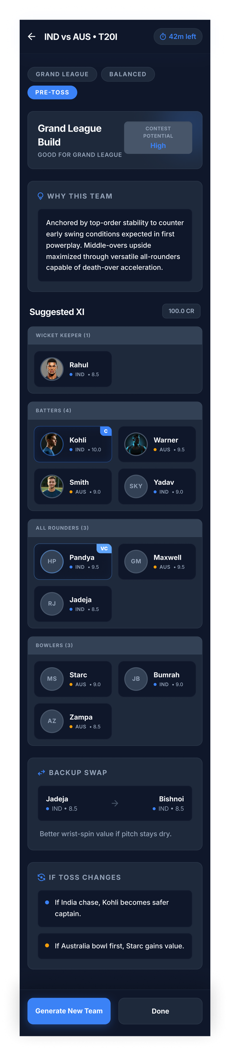 MyPredict11 AI cricket team builder screen showing generated team ideas, captain, vice-captain, and backup swaps