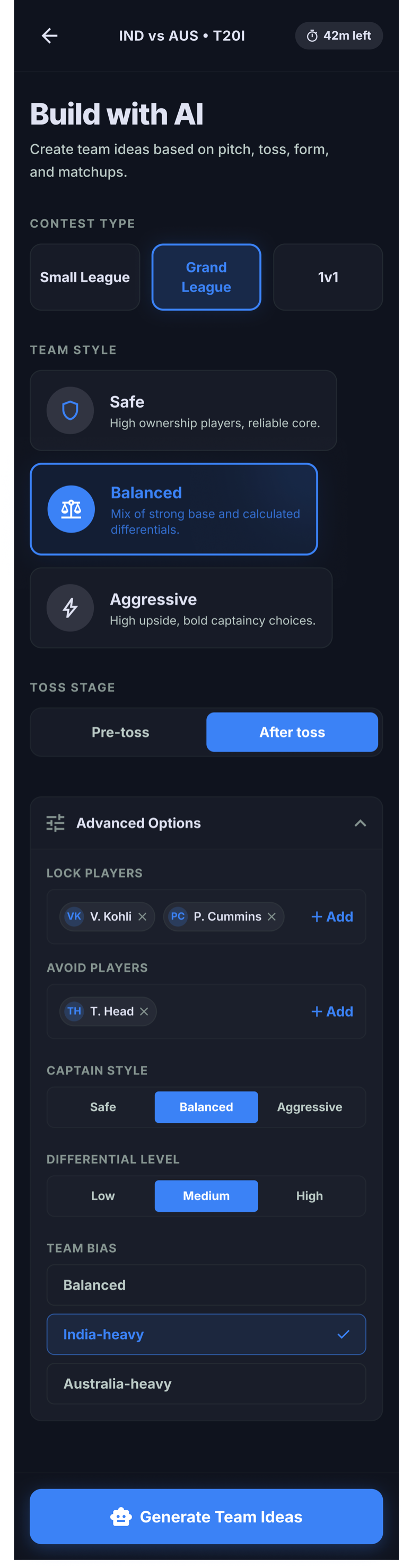 Build with AI setup screen showing contest type, team style, locked players, and generate team ideas button