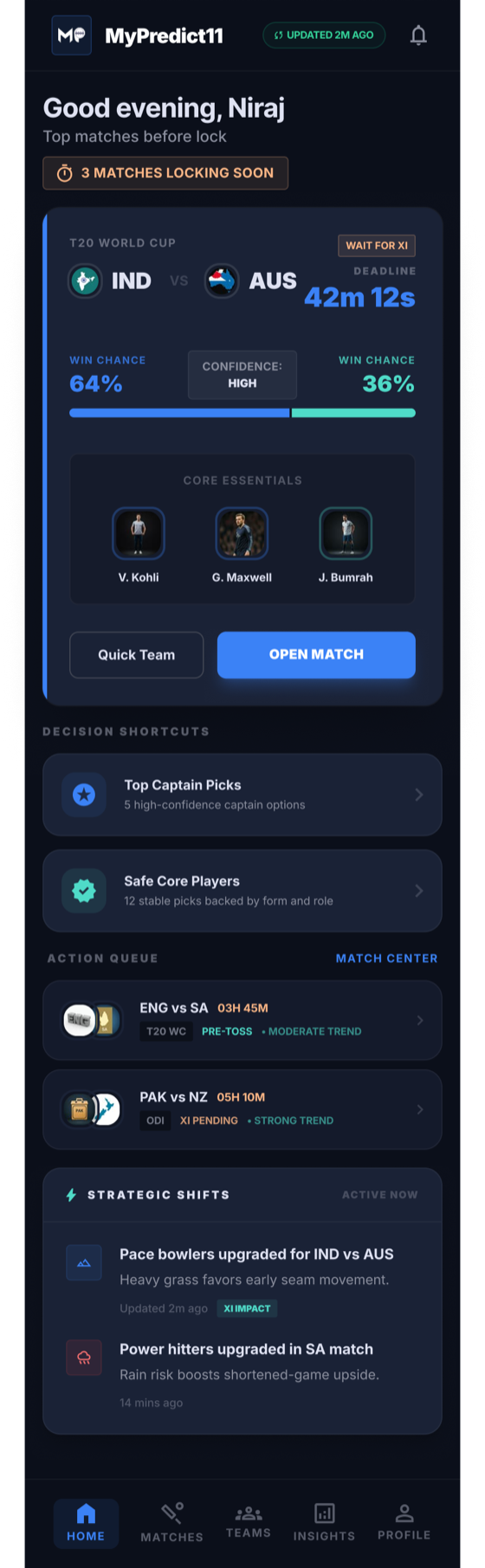 MyPredict11 upcoming matches screen