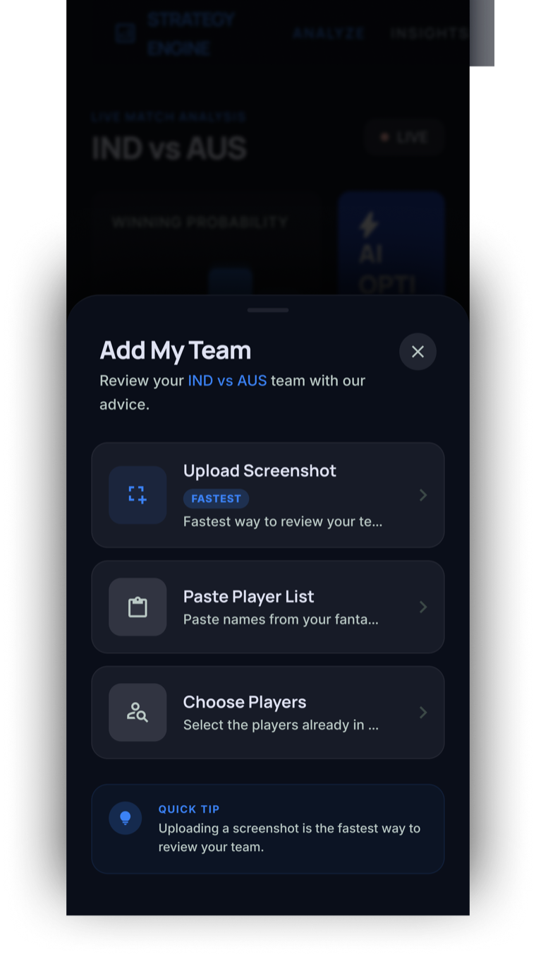 Add My Team screen showing upload, paste player list, and choose players review options