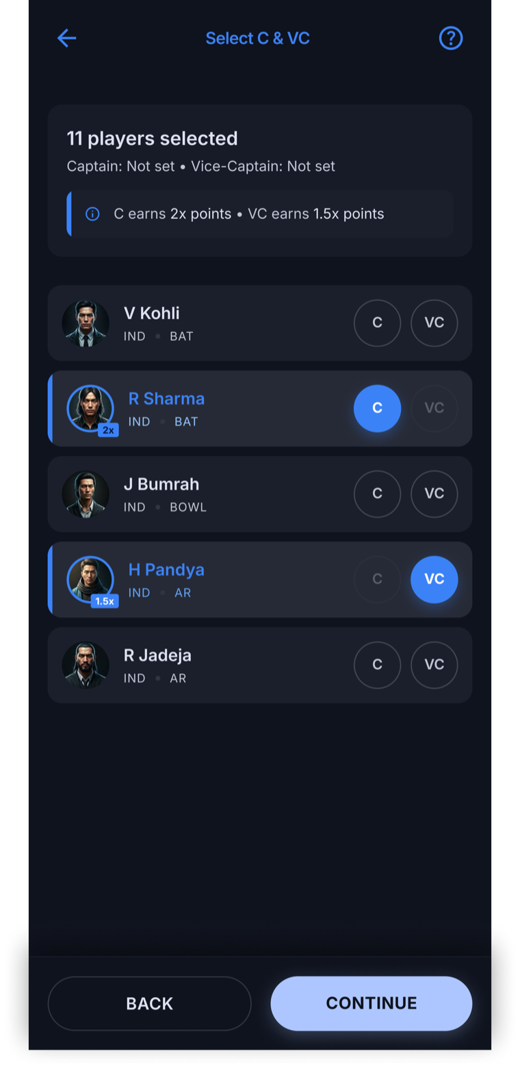 MyPredict11 captain review screen showing captain and vice-captain decision support